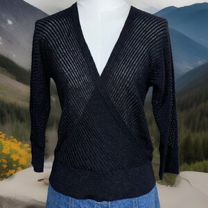 Old Navy Sweater‎ Womens S Black Metallic Surplice Wrap V-Neck Pointelle Knit